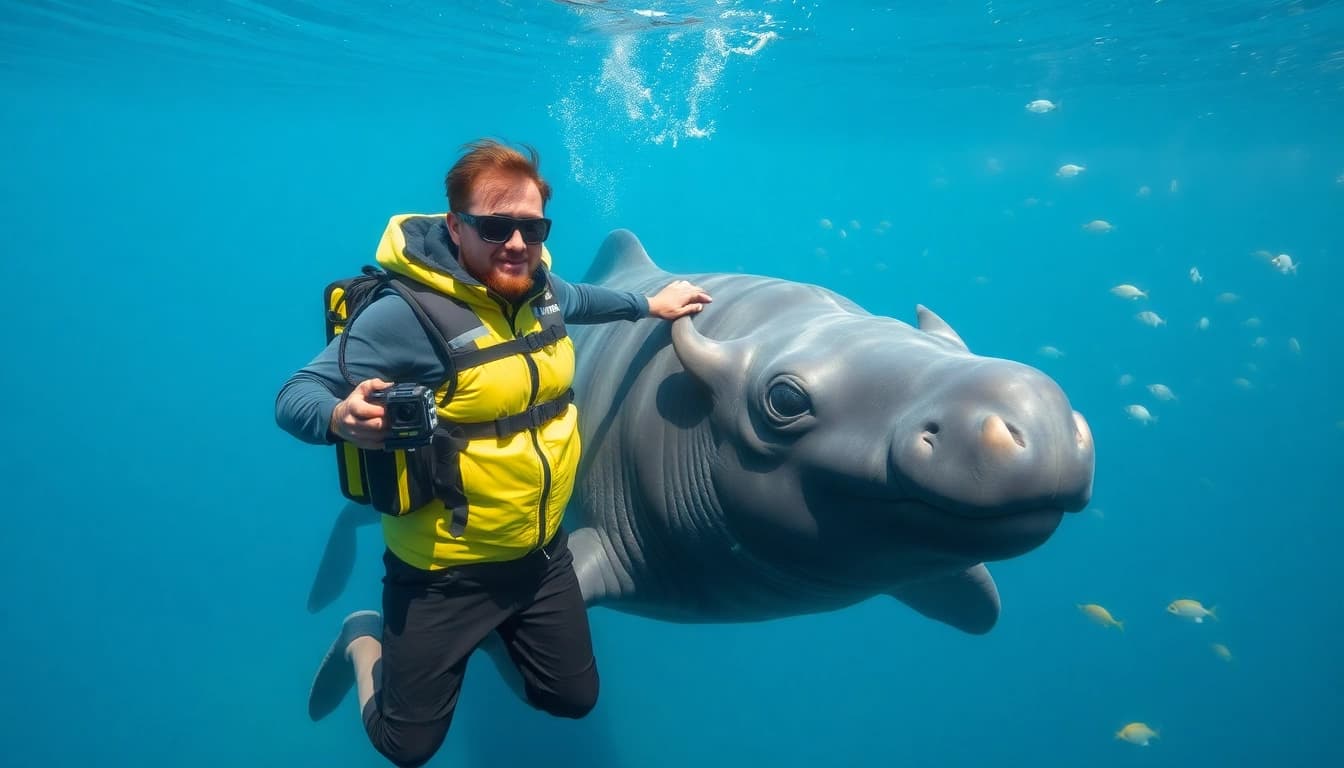 Tauchen Bullenhaie: Ein Taucher schwimmt neben einem majestätischen Bullenhai in einer lebhaften Korallenriffumgebung.