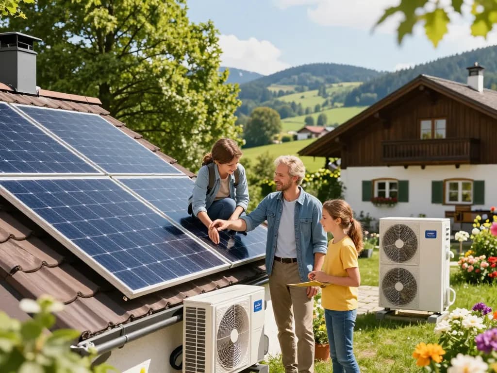 Photovoltaik Bayern - Familie erkundet Solarmodule und Wärmepumpe in einer wunderschönen bayerischen Umgebung.