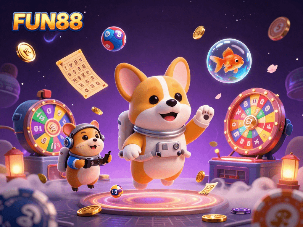 Engage with FUN88's vibrant casino experience featuring a corgi and colorful lottery elements.