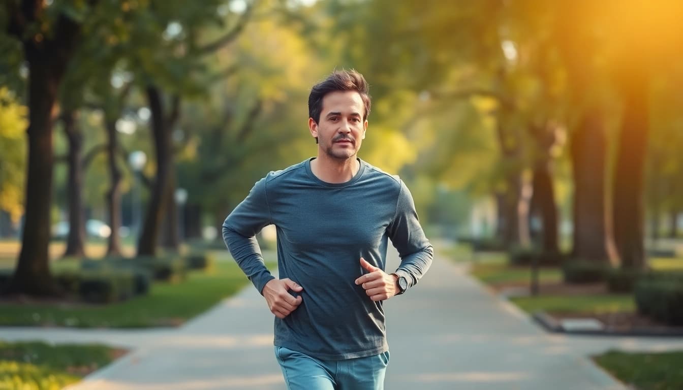 Jogger mit Hüftschmerzen beim Joggen im Park, leidet sichtbar während des Laufens.