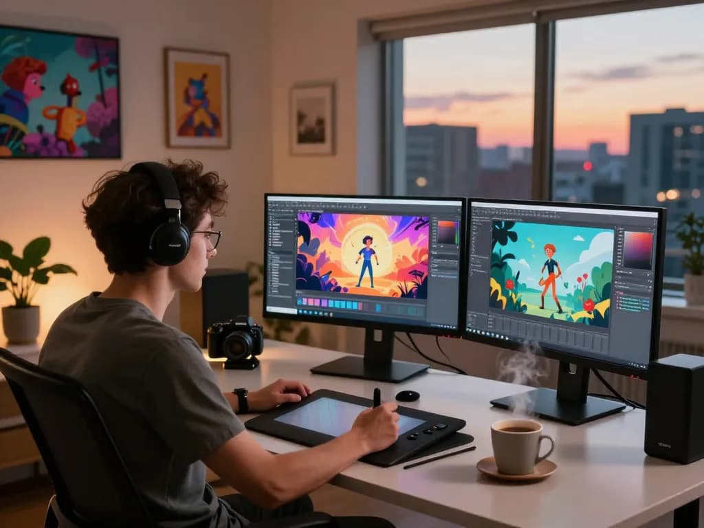 Kling 2.6 motion control in action at a creative workspace, showcasing vibrant animations and innovative technology.