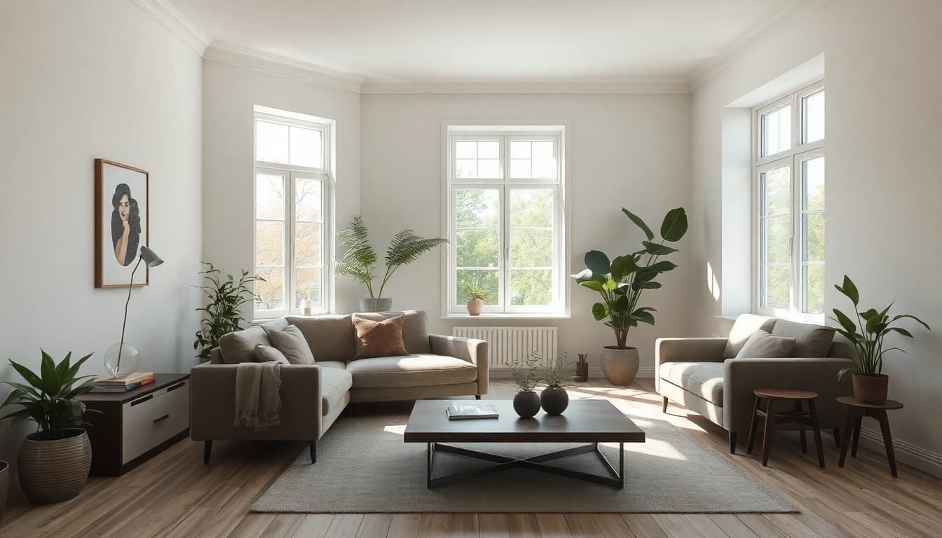 Modernes Wohnzimmer mit frischen Farben und Möbeln nach einer Hausrenovierung, das eine einladende Atmosphäre fördert.