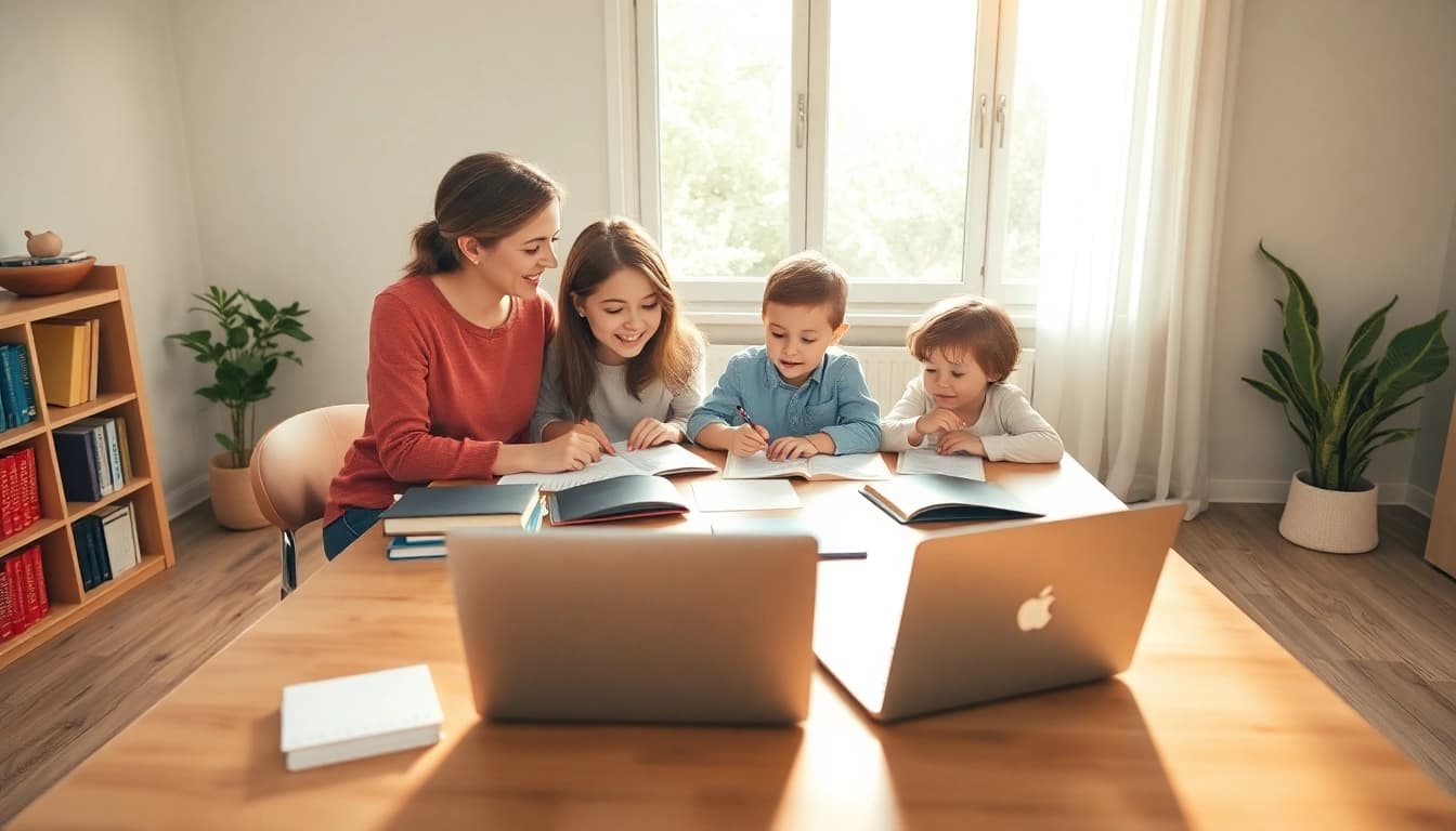 Veranschaulichen Sie Heimunterricht, indem eine Mutter mit zwei Kindern in einem gemütlichen Lernraum lernt.