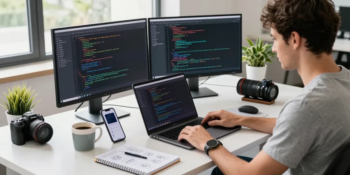 Developer coding GB WhatsApp download APK in a modern workspace with dual monitors and tech gadgets.