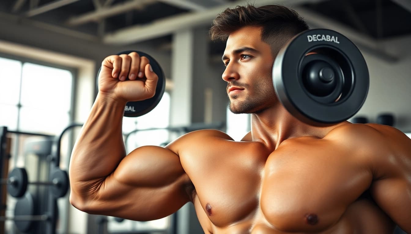 Decabal Nandrolone Decanoate ist in einer Trainingssituation mit einem Bodybuilder zu sehen.
