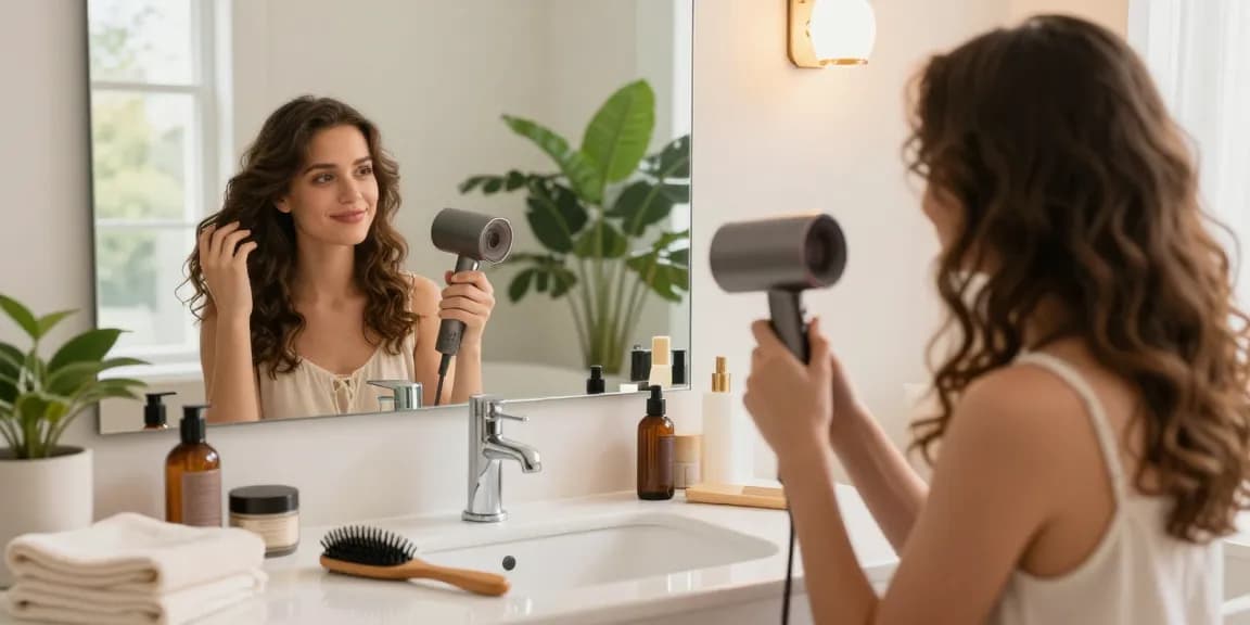 A young woman styling her hair with a mini blow dryer in a bright bathroom setting, surrounded by beauty products.