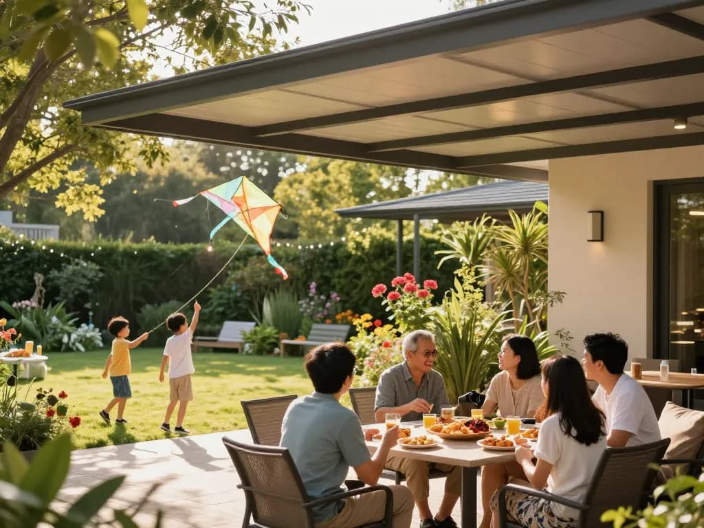 Familie genießt die Zeit unter einer Terrassenüberdachung in einem sonnigen Garten.