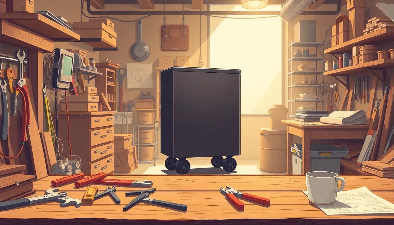 Werkstatthocker in modern workspace with tools and materials, showcasing functionality and style.