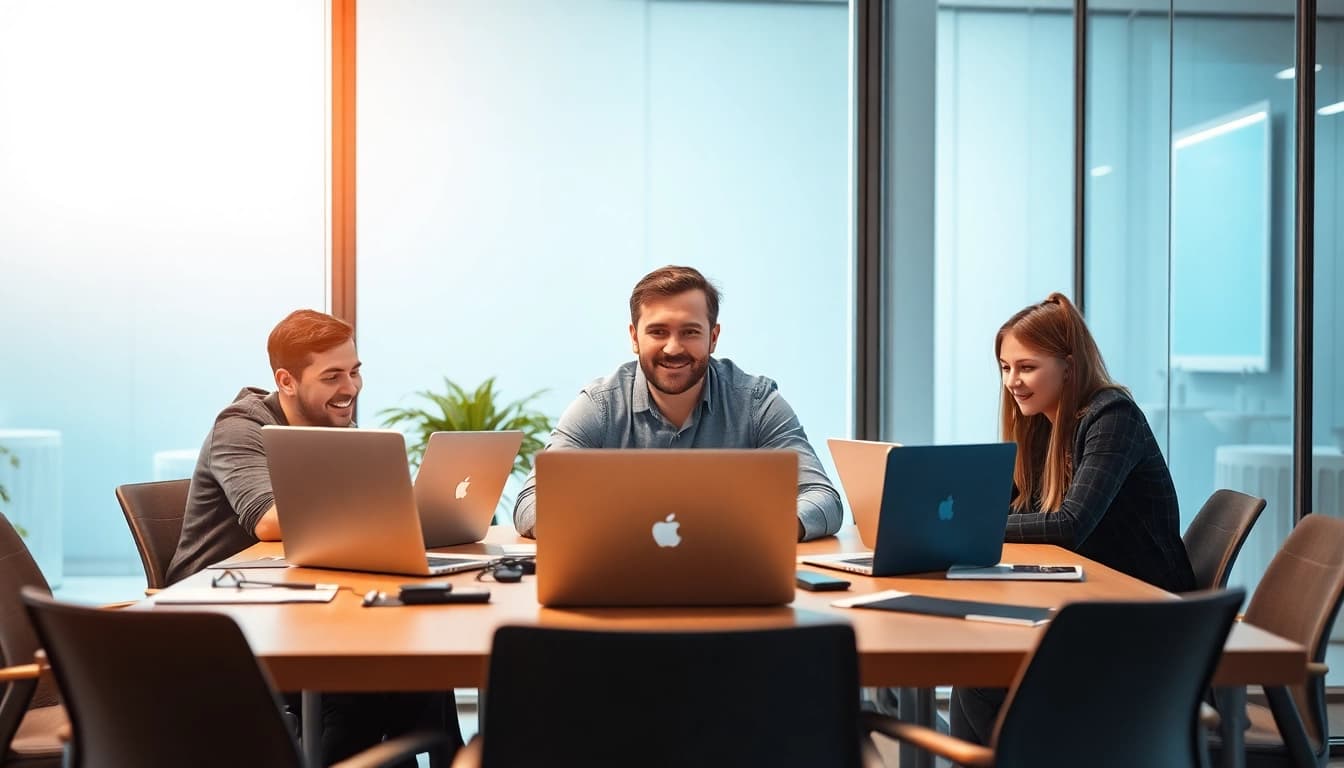 Headhunter IT am Tisch mit Laptops, zeigt aktives Recruiting in modernem Büro.