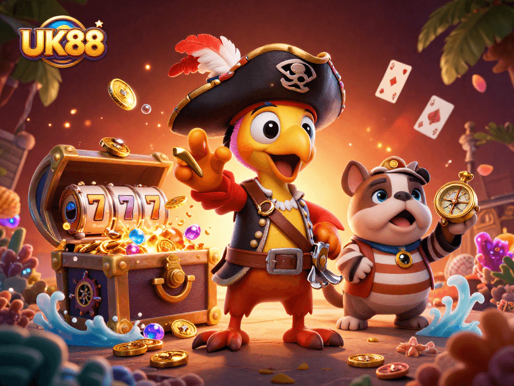 Engage with UK88's vibrant 3D casino adventure featuring slot reels and treasure elements