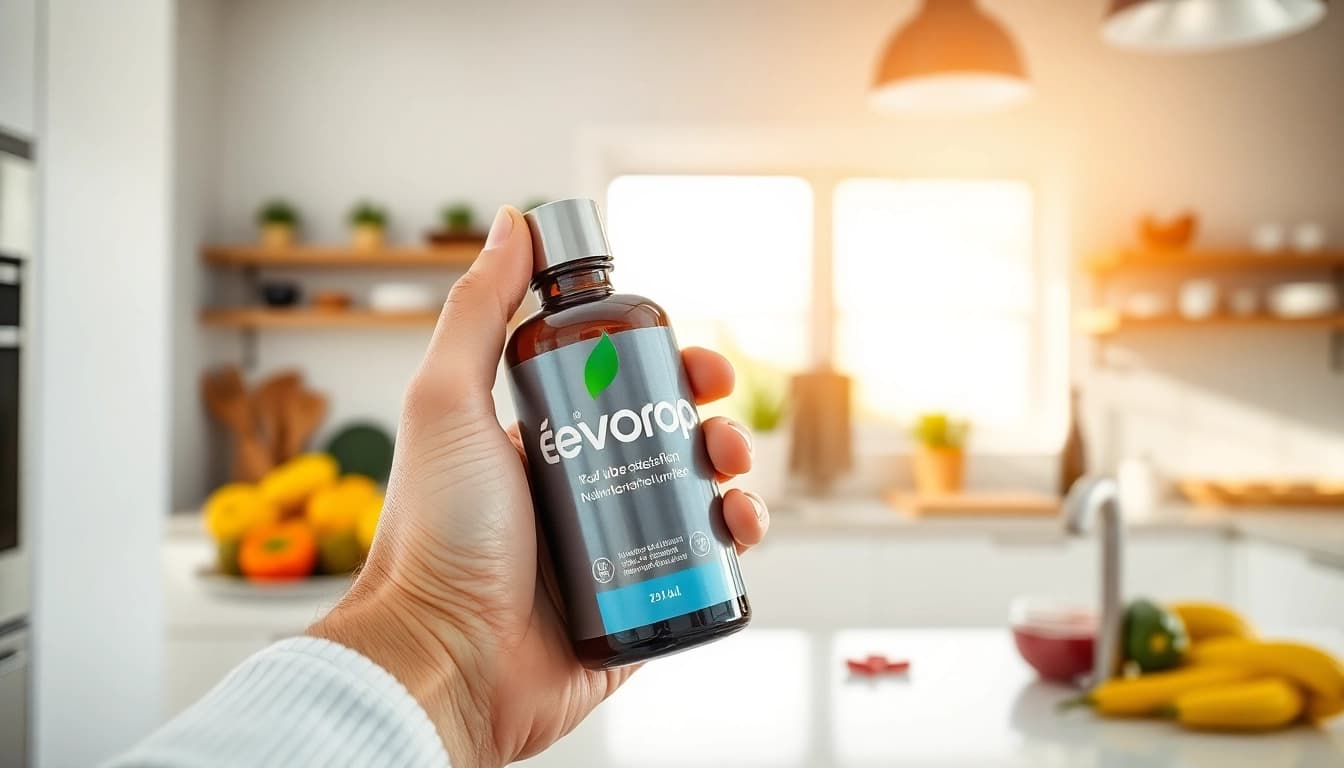 Evodrop Erfahrung: Hand holding Evodrop bottle in a bright kitchen with fresh fruits.