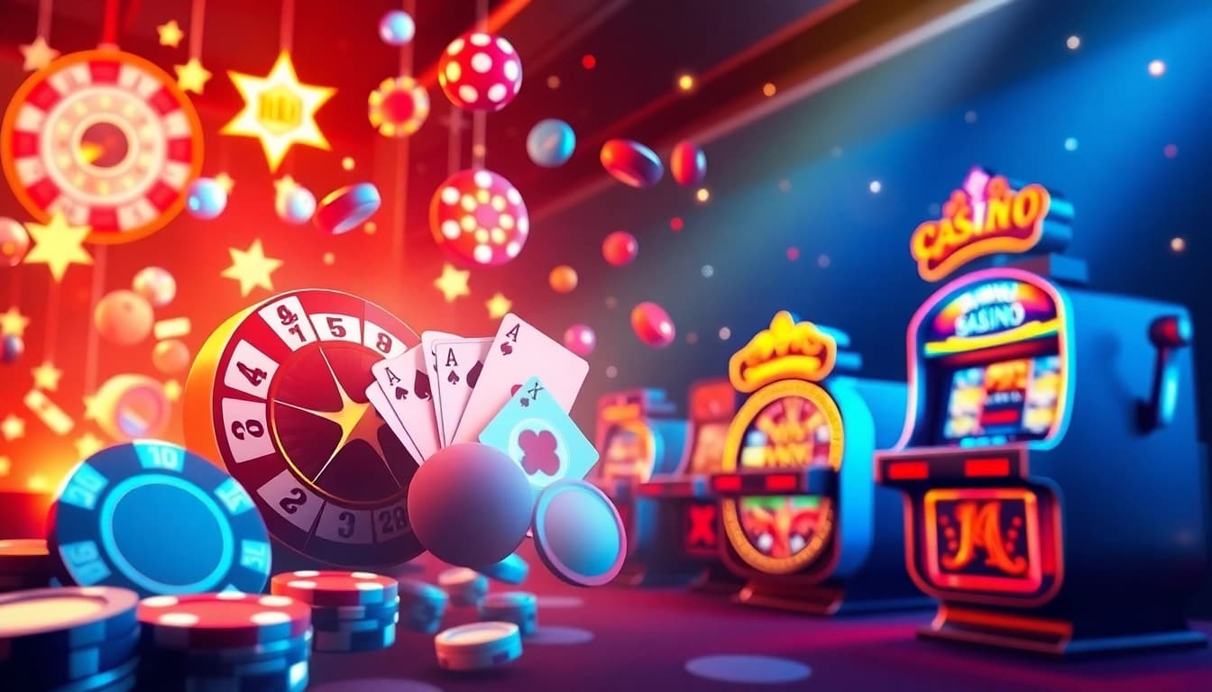 Grafik, die den Casino Bonus ohne Einzahlung neu visuell darstellt, inklusive festlichen Symbolen und lebendigen Farben.