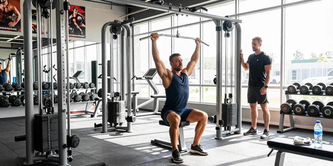Bodybuilder performing a lat pulldown at Anabolika Shop referenced gym, highlighting fitness and strength training.