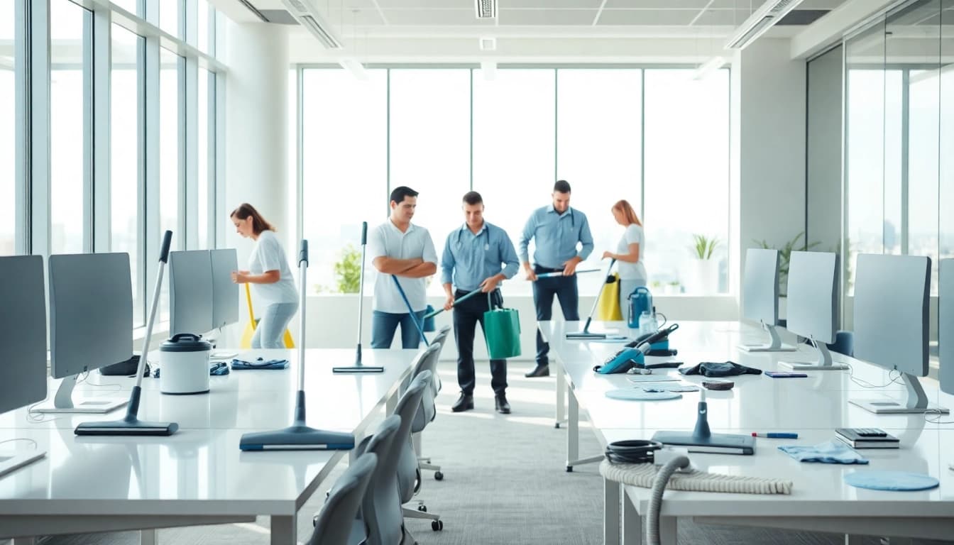 Professionelle Gebäudereinigung Ulm in Aktion in modernem Büro mit glänzenden Oberflächen.