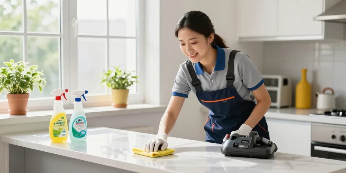Professional cleaner at work in a spotless kitchen, showcasing putzinstitute bern services and eco-friendly supplies.