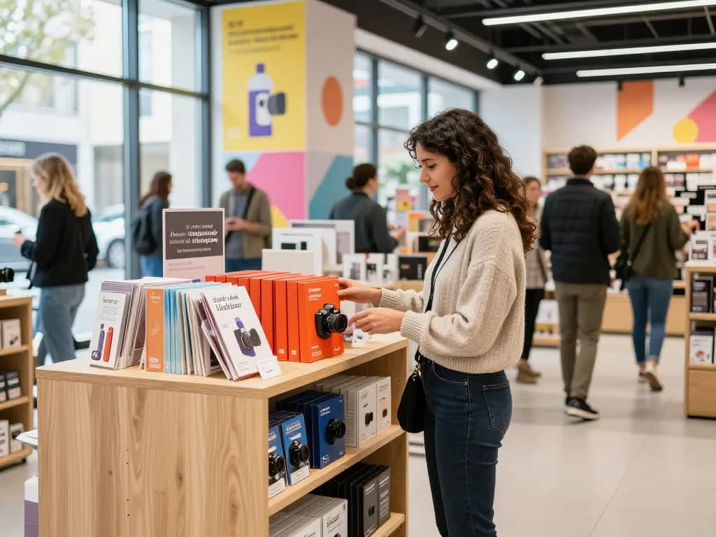 Sofort lieferbar Einkaufserlebnis mit stilvollem Kunden, der Produkte in einem lebhaften Einzelhandelsgeschäft prüft.