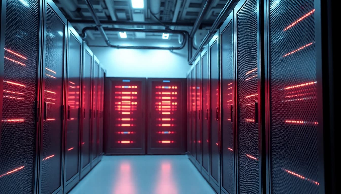 Modernes Serverzimmer mit Microsoft Server 2025 mit Sicherheits-Updates, optimal beleuchtet und strategisch angeordnet.