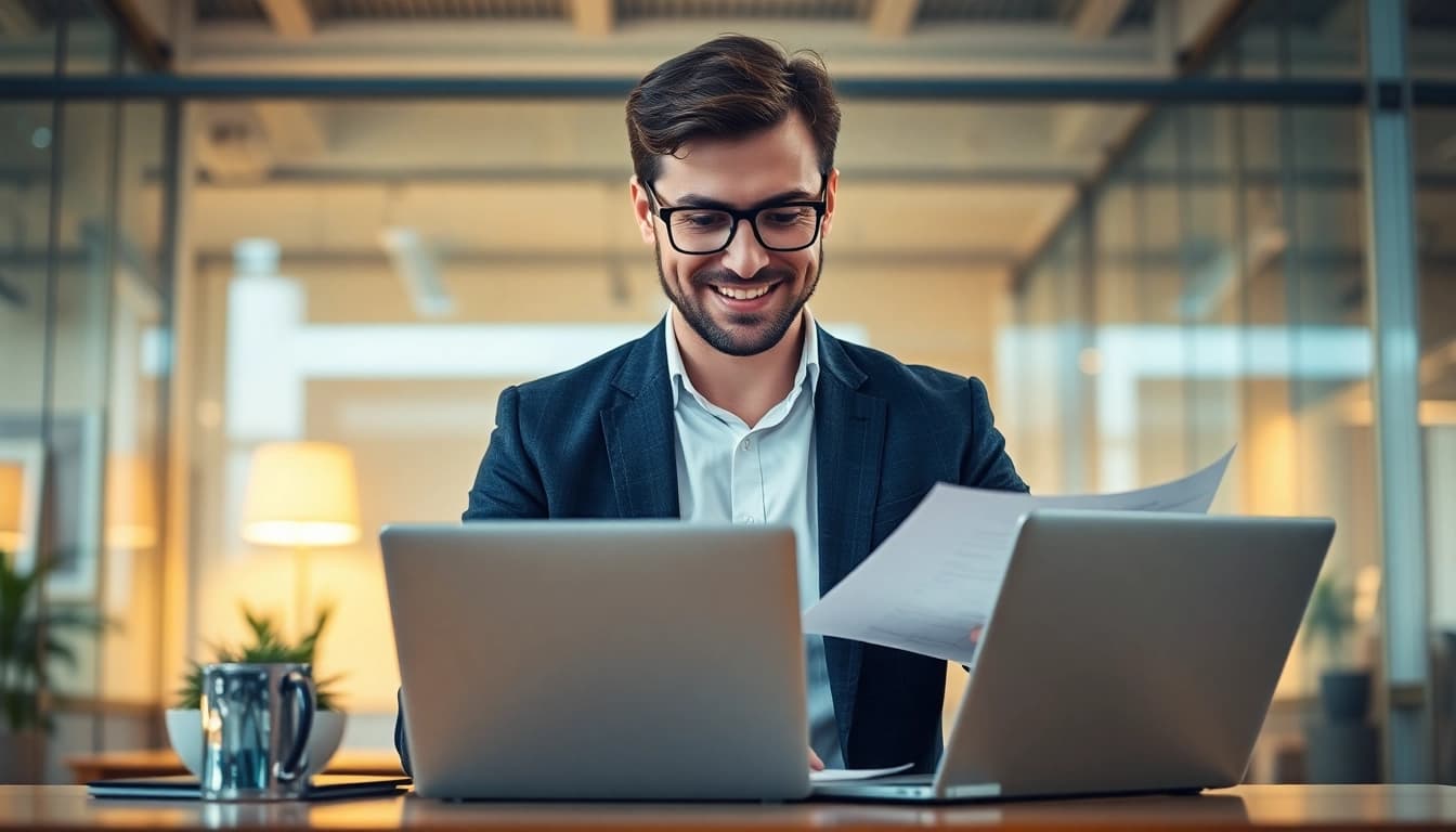 Professioneller Headhunter Finance bei der Arbeit in einem modernen Büro, Laptop und Unterlagen nutzend.