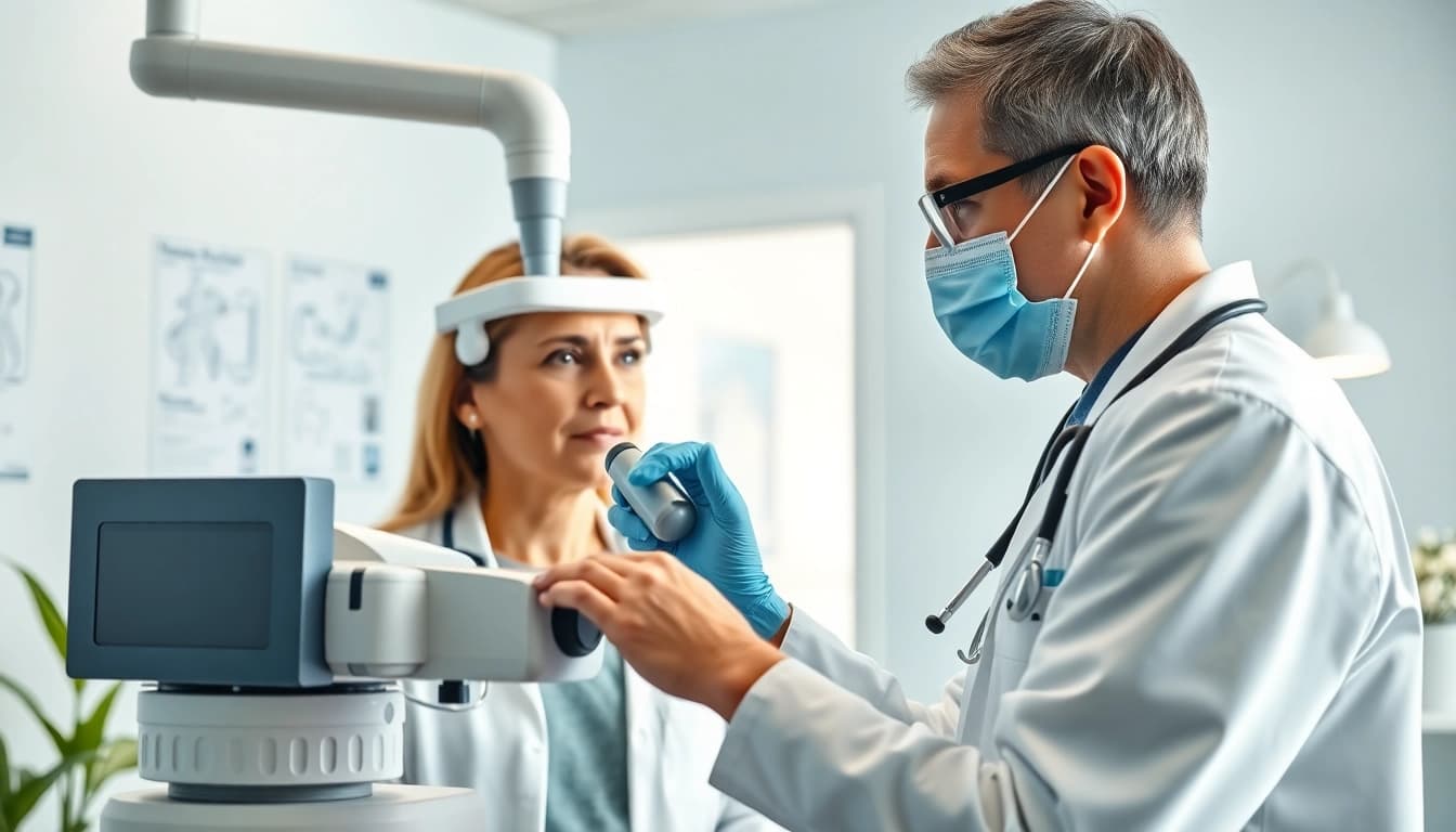 Der Arzt untersucht einen Patienten mit deus medical Geräten in einer modernen Klinik.