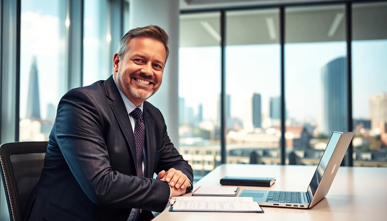 Headhunter Essen im modernen Büro, zuversichtlich am Tisch mit Laptop.