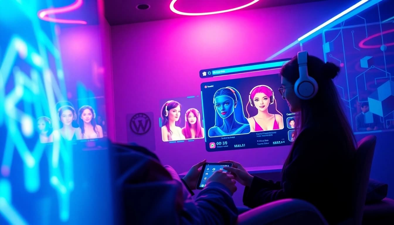 Engage in immersive ai chat porn experiences with vibrant AI avatars in a futuristic digital setting.