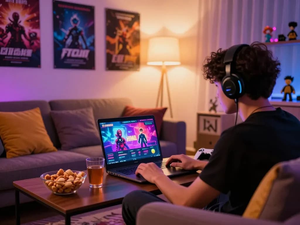 Engaging player enjoying html sex games on a cozy couch with snacks and ambient lighting.