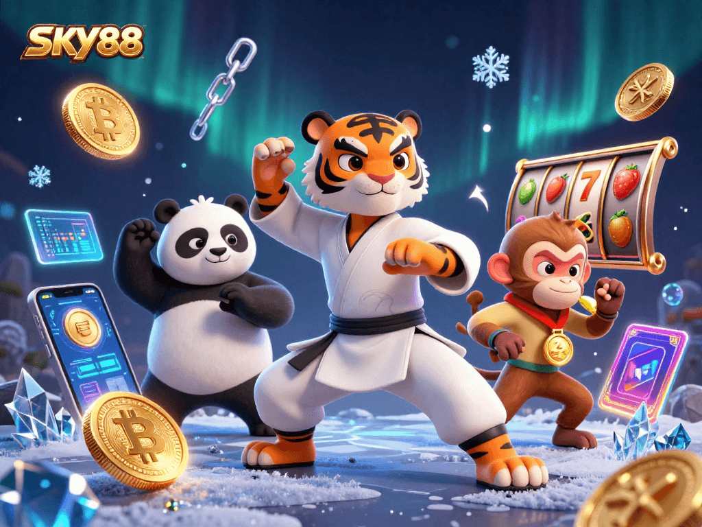 Engage in thrilling slots at SKY88 with kung fu characters and crypto elements illuminating the scene.