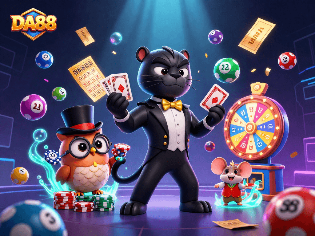 Engage with DA88's vibrant casino scene featuring a tuxedoed panther, owl, and lucky mouse.