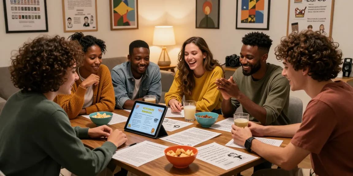 Friends engaging in an interactive Quiz Allgemeinwissen game at home, surrounded by snacks and trivia materials.