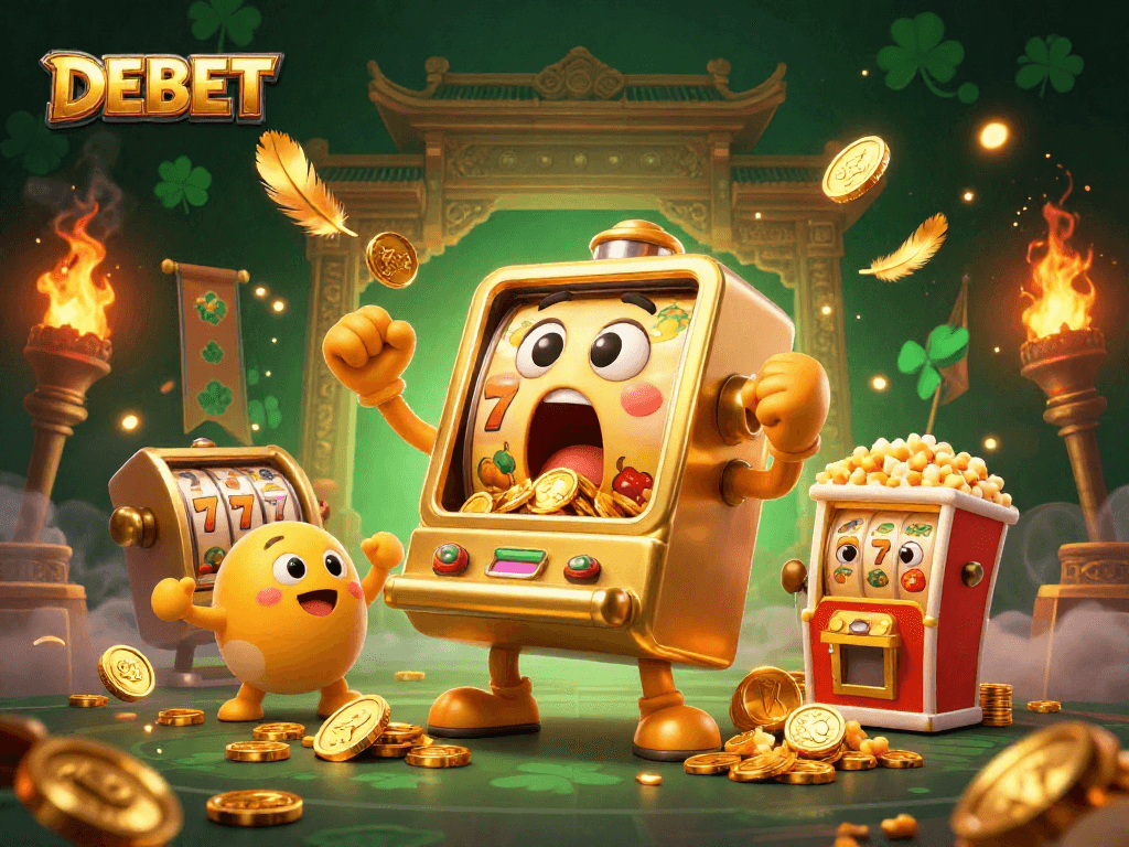 DEBET slot machine hits jackpot and unleashes coins amidst cheering baby slots and popcorn machine.