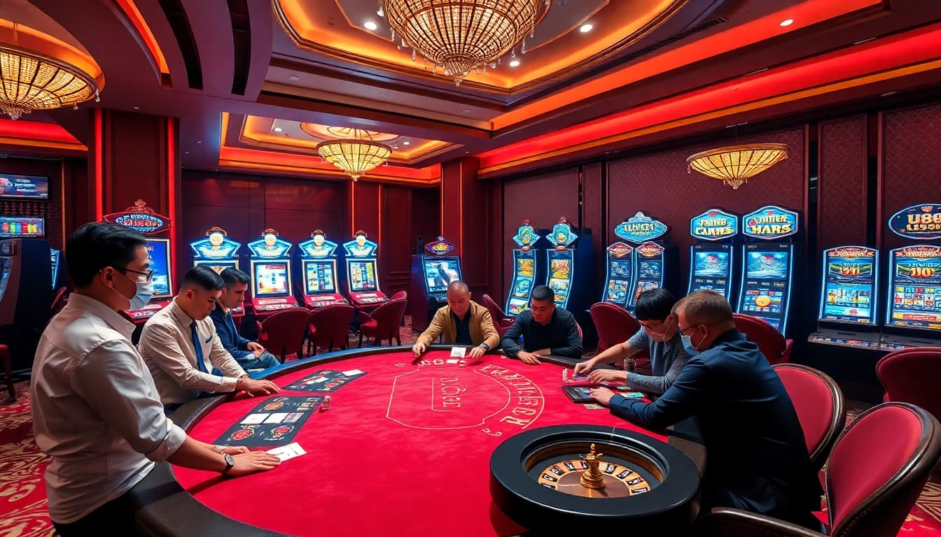 Players enjoying U88-themed table games with vibrant slot machines and poker action.