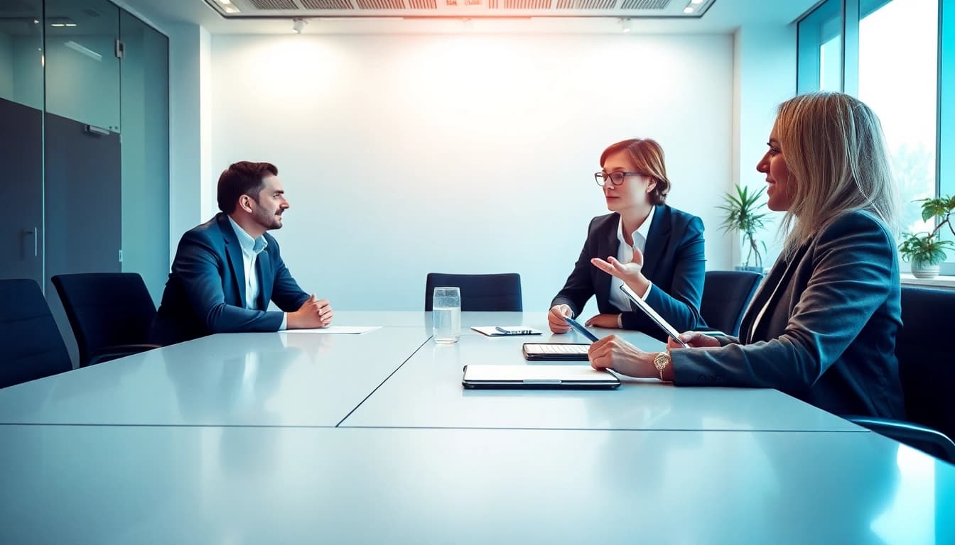 Professionelle Diskussion über Personalvermittlung in modernem Büro mit diversifizierten Fachleuten.