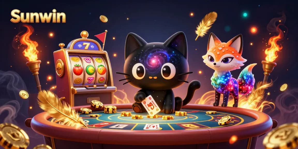 Win big at Sunwin with a cosmic casino scene featuring a black hole cat and nebula fox!