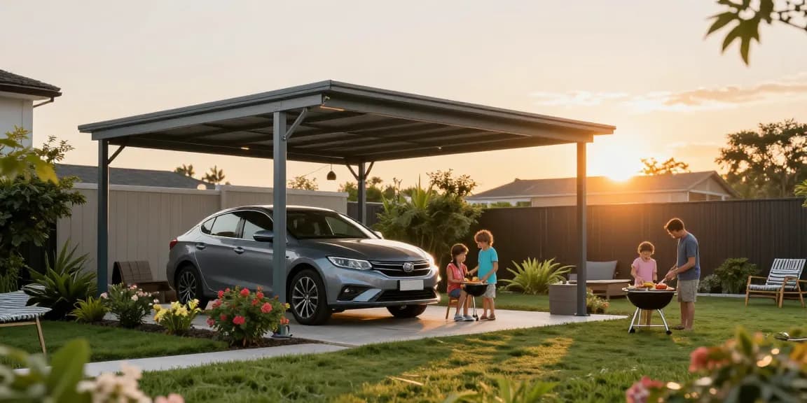 Moderne Carports bieten Schutz für Fahrzeuge und sind Teil eines einladenden Gartens.