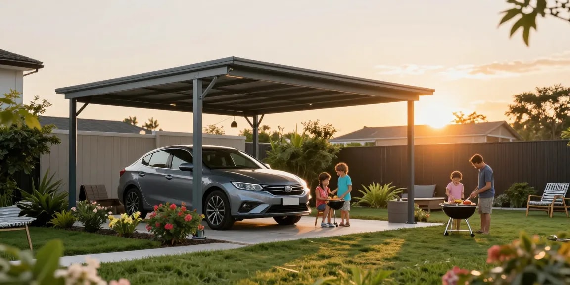 Moderne Carports bieten Schutz für Fahrzeuge und sind Teil eines einladenden Gartens.