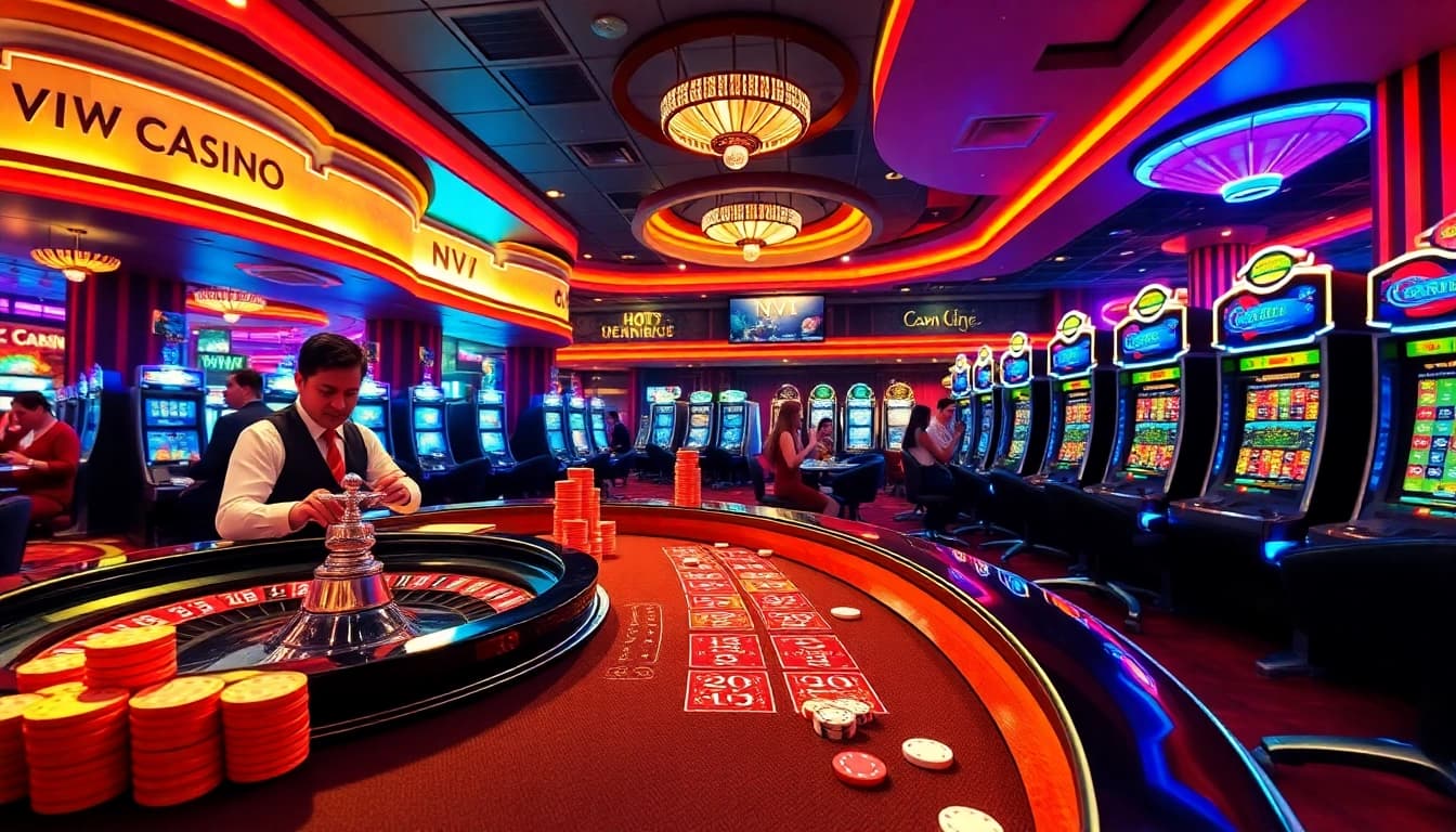 Aufgeregte Spieler gewinnen im NV Casino an farbenfrohen Spielautomaten und Roulettetischen.