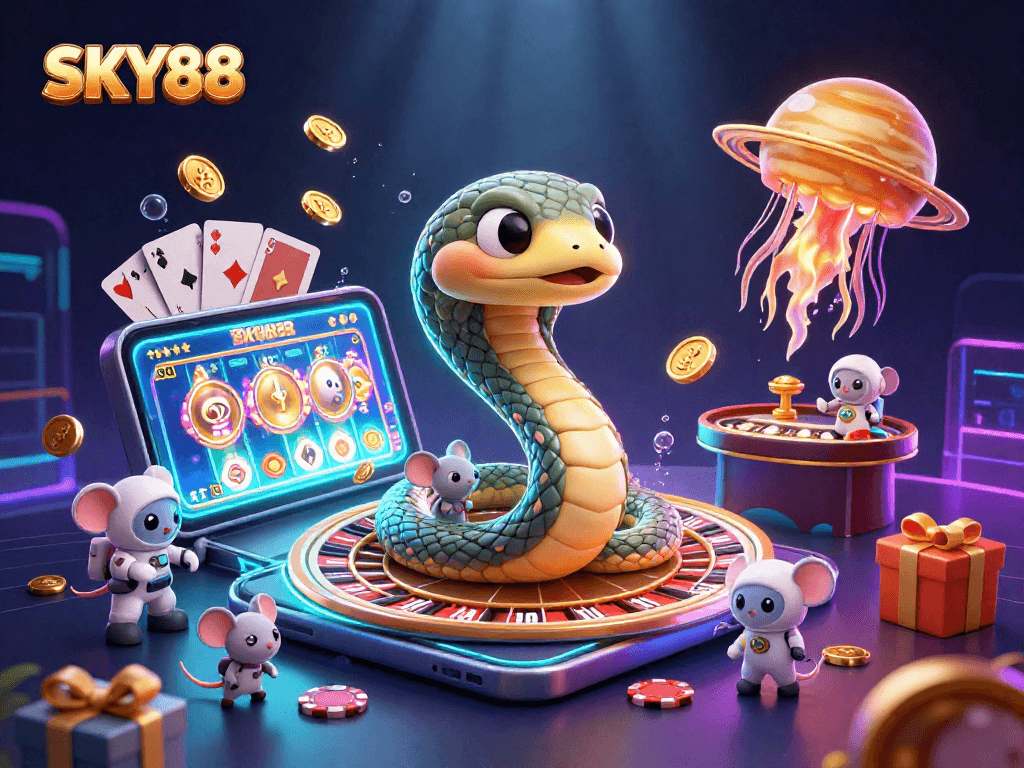 Experience SKY88 with interactive betting as astronaut mice place their wagers on a cosmic roulette.