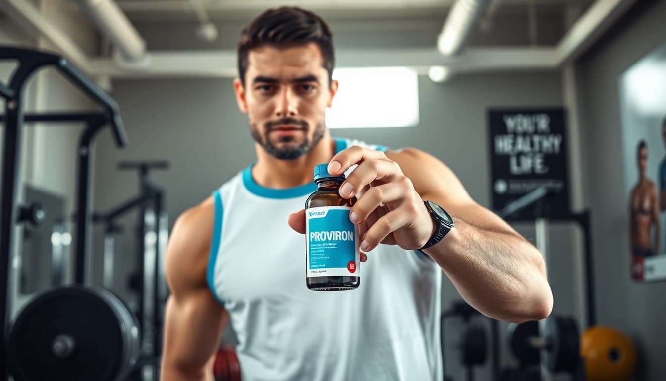 Proviron kaufen für Fitnesssteigerung in einem hellen Gym mit motivierendem Hintergrund.