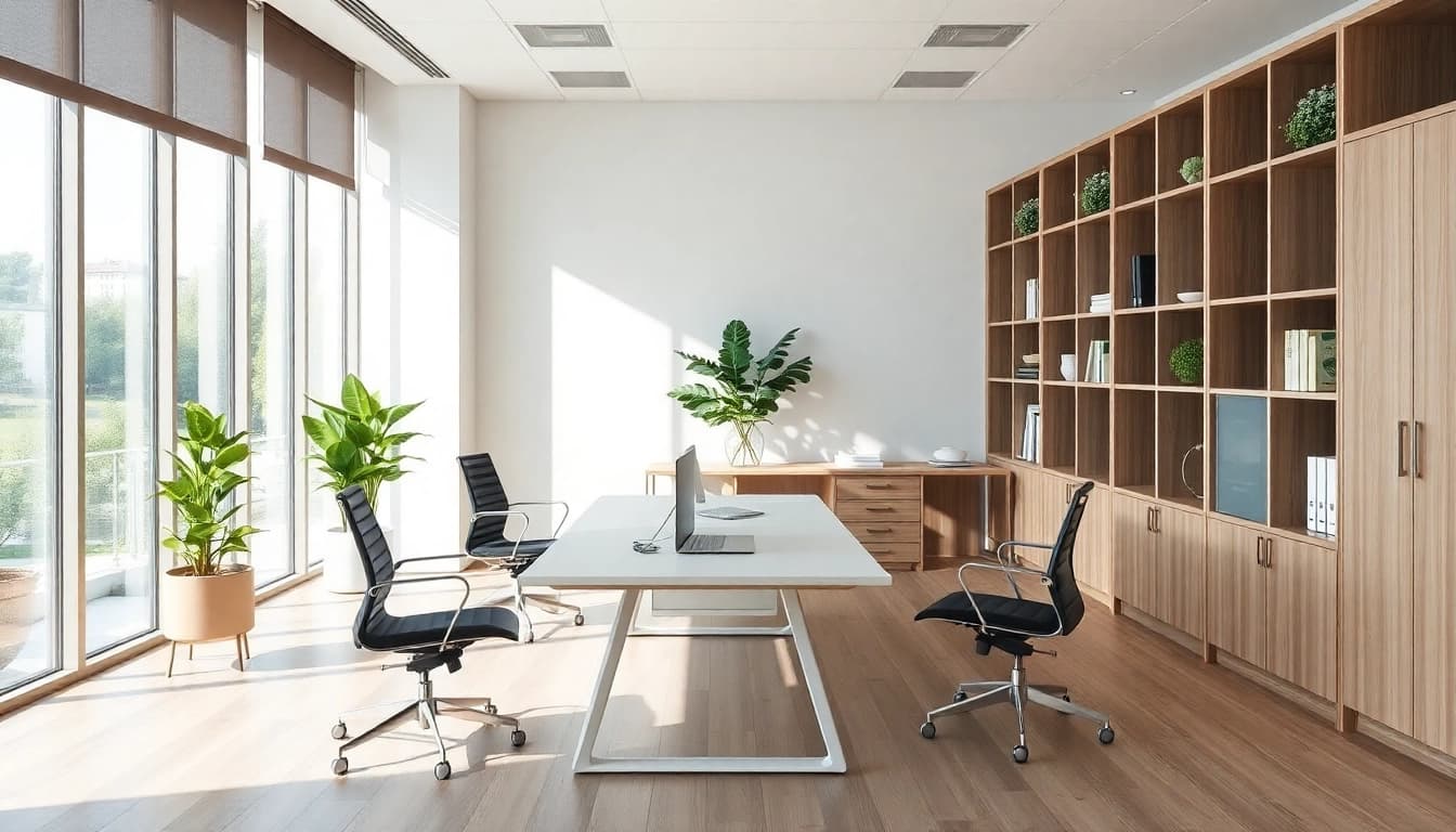 Moderne Büromöbel in einem stilvollen Bürointerieur, das Ergonomie und Design vereint.