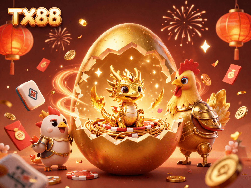 TX88 ignites excitement with a captivating golden dragon and poker chips in this vibrant celebration.
