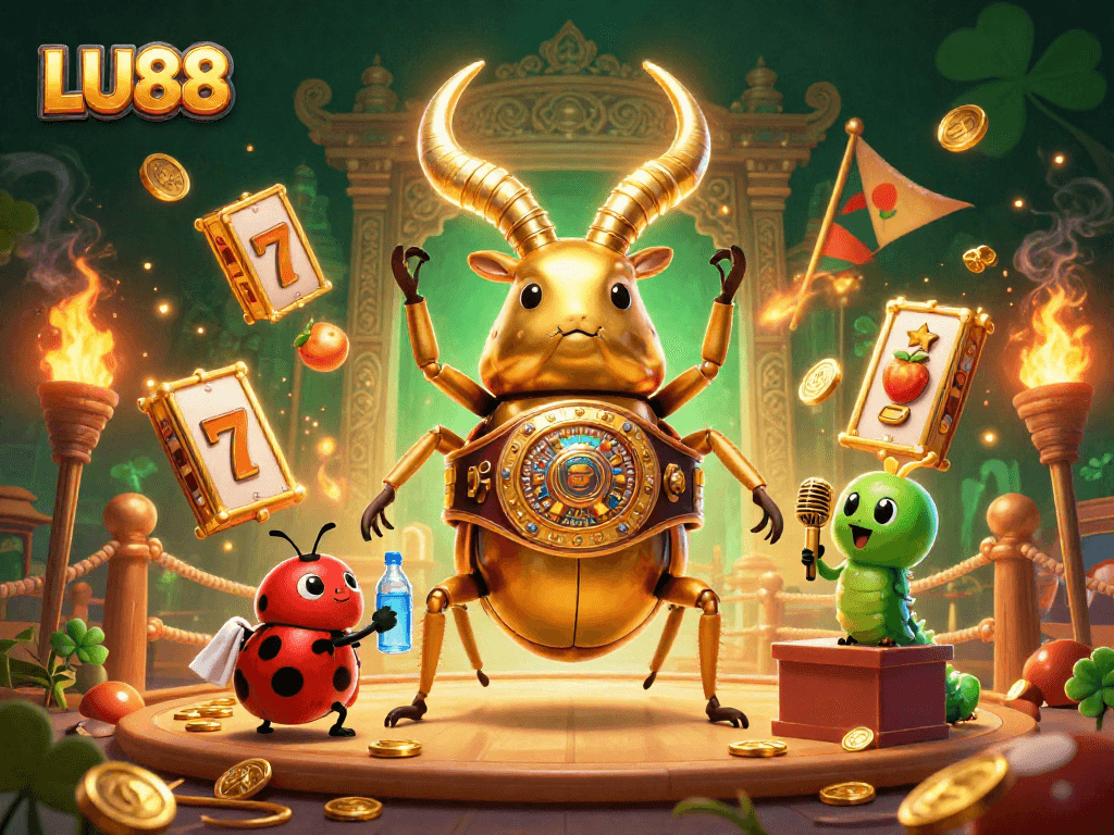 LU88 showcases an epic battle scene with colorful slot elements and engaging characters in a dynamic casino setting.