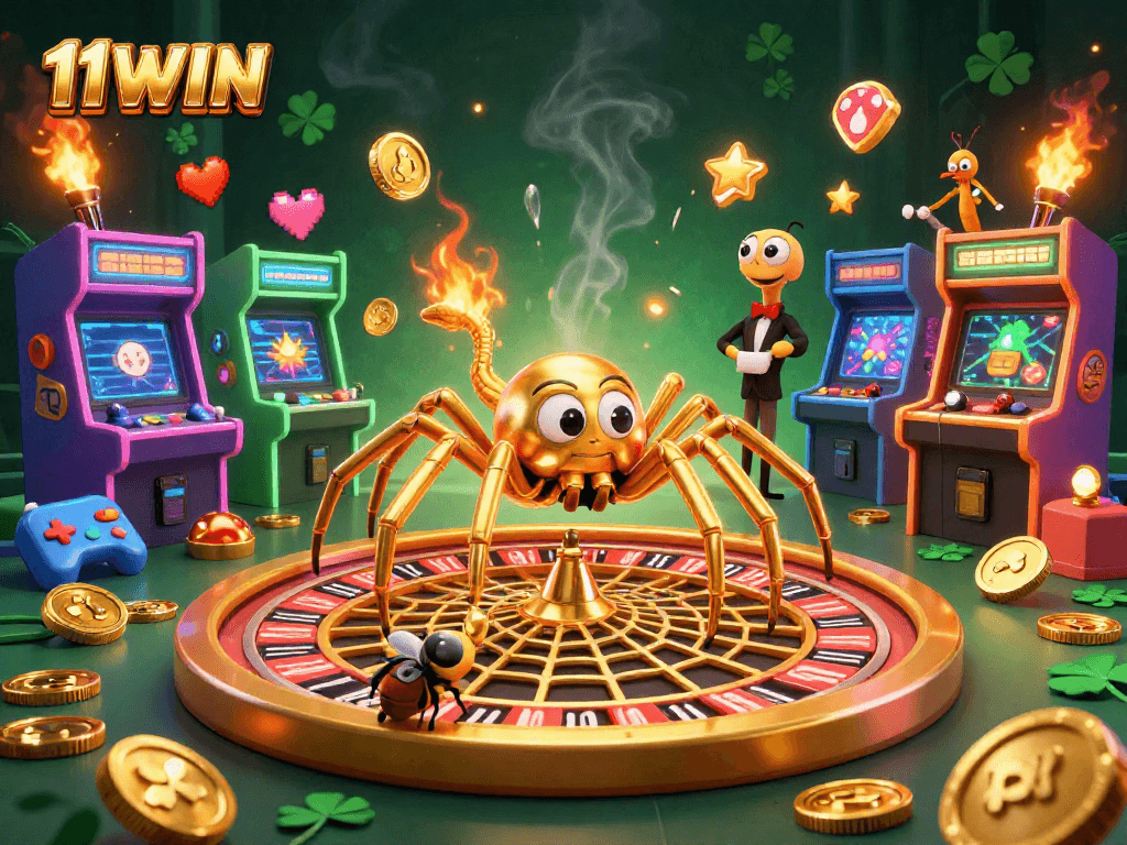 Engage in thrilling gameplay at 11WIN with a buzzing casino scene featuring vibrant characters and games.