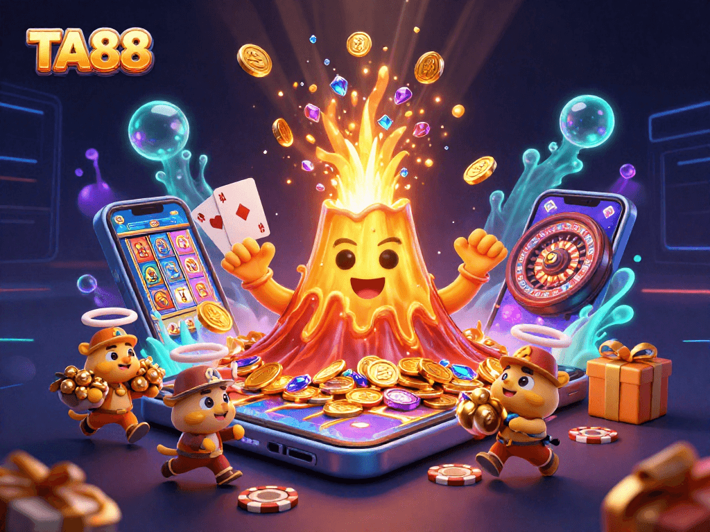 Experience thrilling jackpot victories at TA88 with vibrant 3D illustrations of casino excitement.