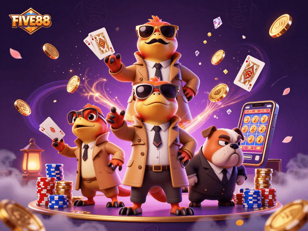Engage in the excitement of FIVE88 with raptors trying to enter a VIP lounge in this dynamic casino scene.