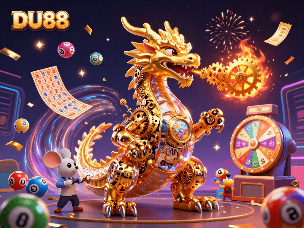 Win exciting rewards with DU88's vibrant casino scene featuring a mechanical dragon and dynamic lottery elements.
