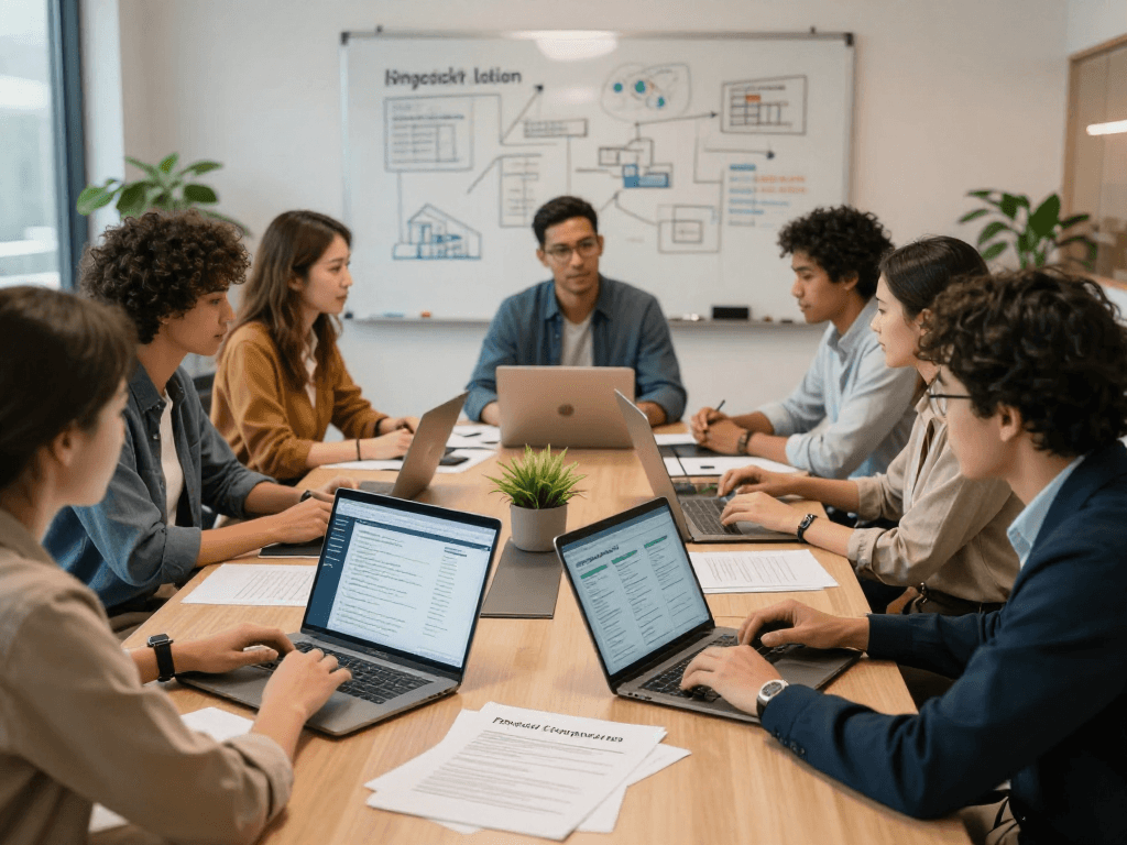 Wirtschaft und Verwaltung Wohnungsbaugenossenschaften: Teamarbeit zur digitalen Barrierefreiheit in modernen Büroräumen.
