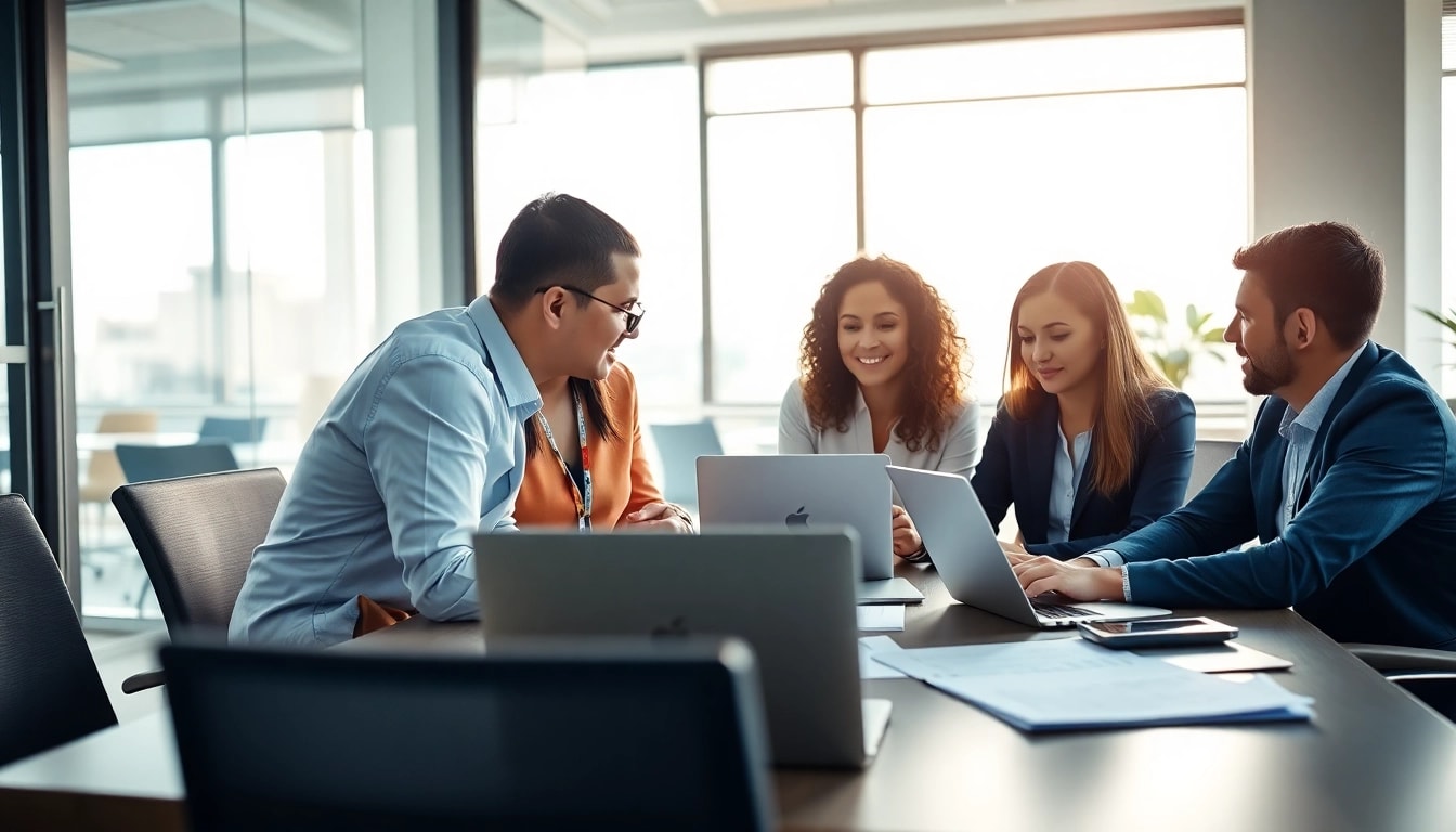 Headhunter IT advising clients in a modern office environment during a recruitment strategy session.