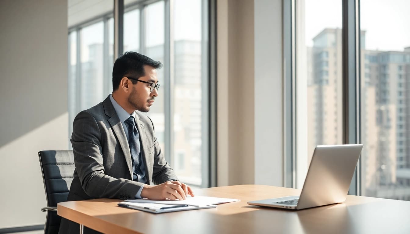 Professioneller Headhunter Baubranche berät Bauprofi in modernem Büro.