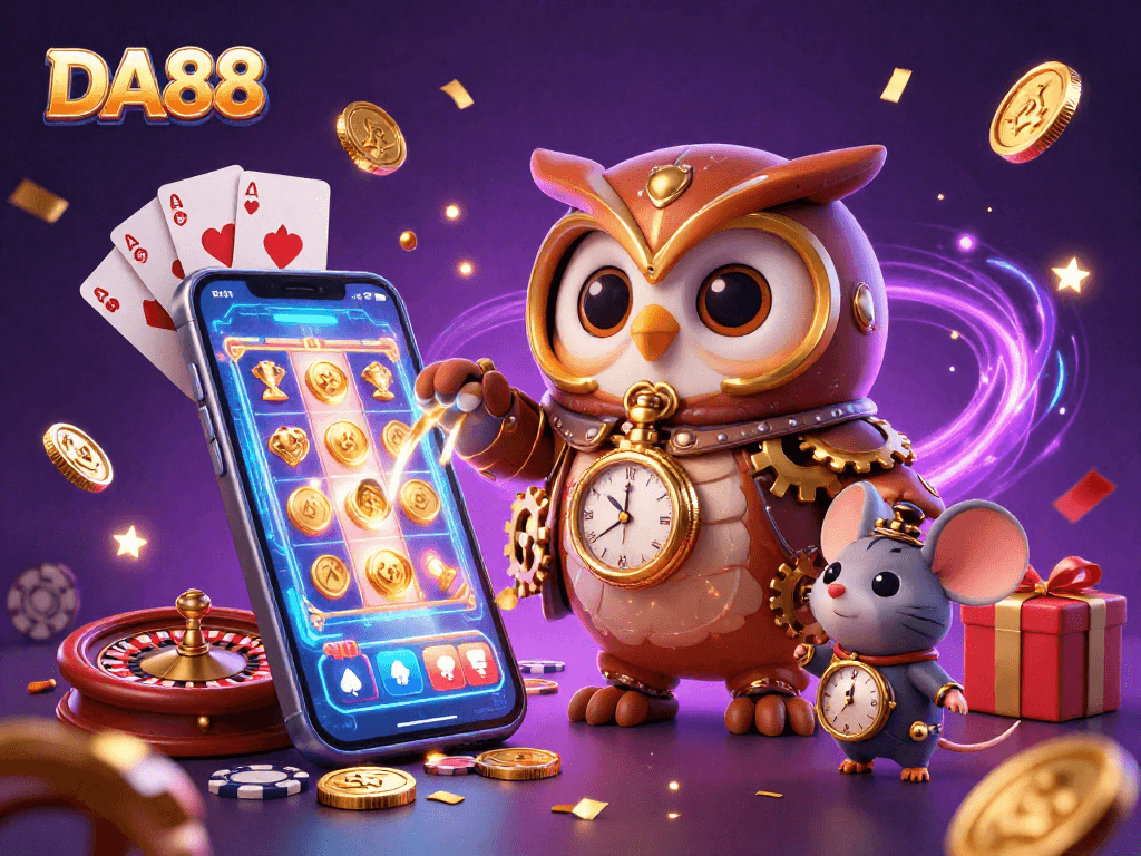Experience DA88's thrilling gaming scene with cartoon characters in a vibrant casino atmosphere.