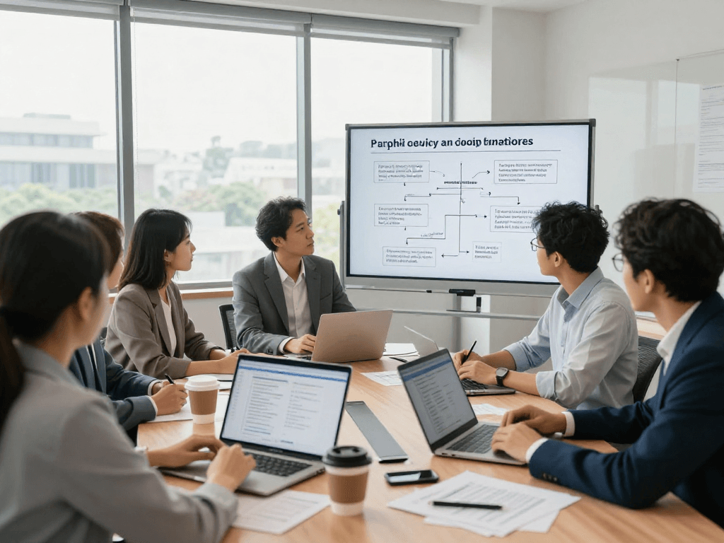 Engaged professionals discussing Wirtschaft und Verwaltung Wohnungsbaugenossenschaften in a modern meeting space, emphasizing compliance and strategies.
